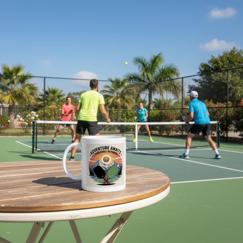 "Adventure Awaits Pickleball Outdoors" High Quality Graphic Mug for Pickleball Enthusiasts