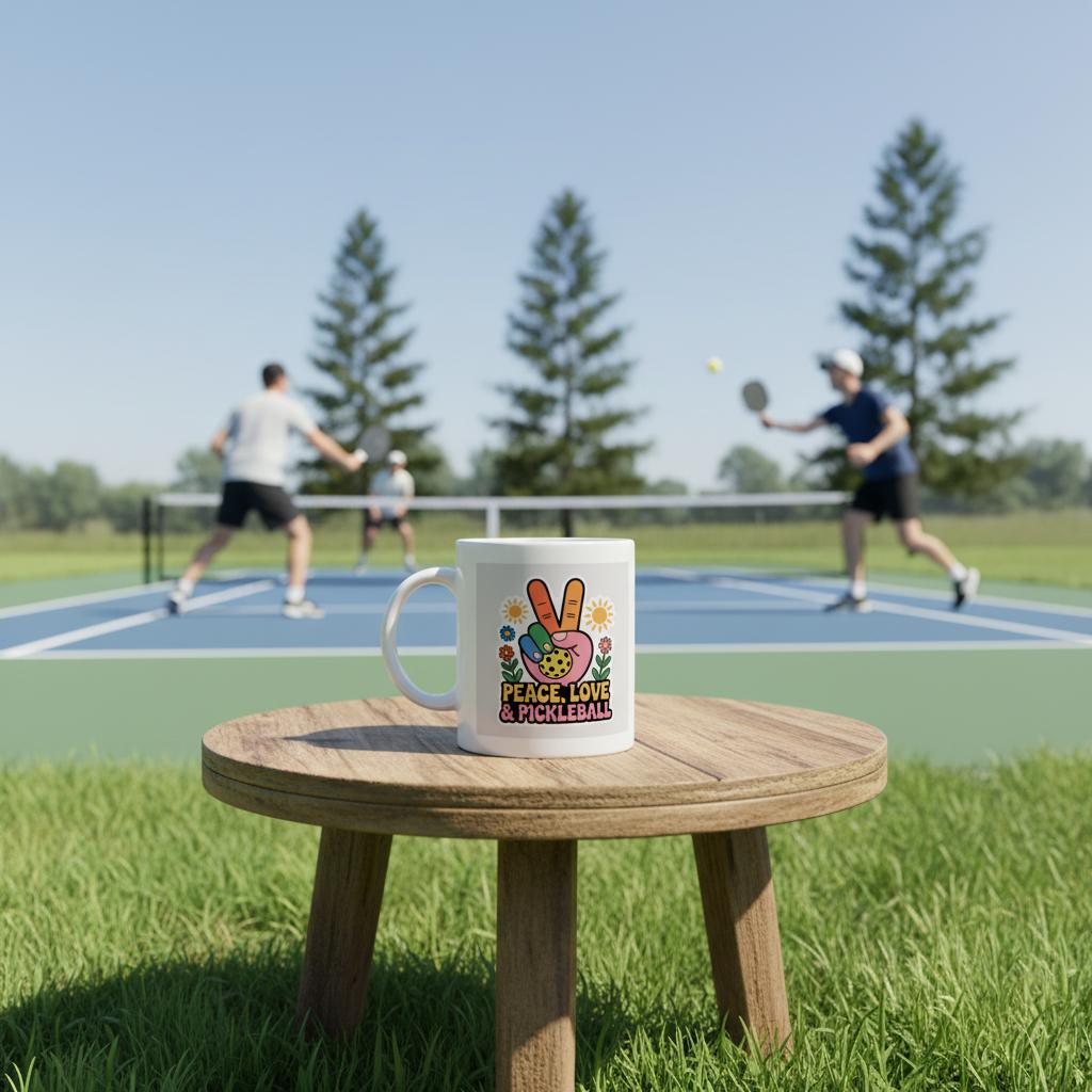 "Peace, Love, Pickleball" High Quality Graphic Mug for Pickleball Enthusiasts